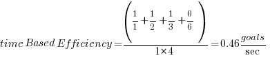 {time Based Efficiency} = {{({1/1} + {1/2} + {1/3} + {0/6})} / { 1*4}} = {0.46 goals / sec}