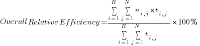 {Overall Relative Efficiency} = {{sum{i=1}{R}{} sum{j=1}{N}{} {n_{i,j}}*{t_{i,j}} } / {sum{i=1}{R}{} sum{j=1}{N}{} {t_{i,j}}}} * {100%}